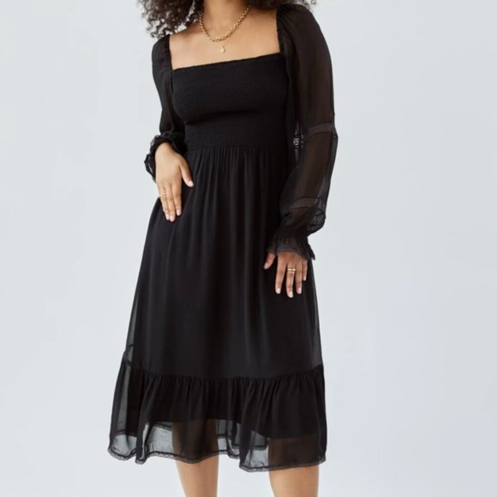 Wilfred Aritzia Black Georgette Crepe Lace Trim Smocked Midi Grace Dress Size M